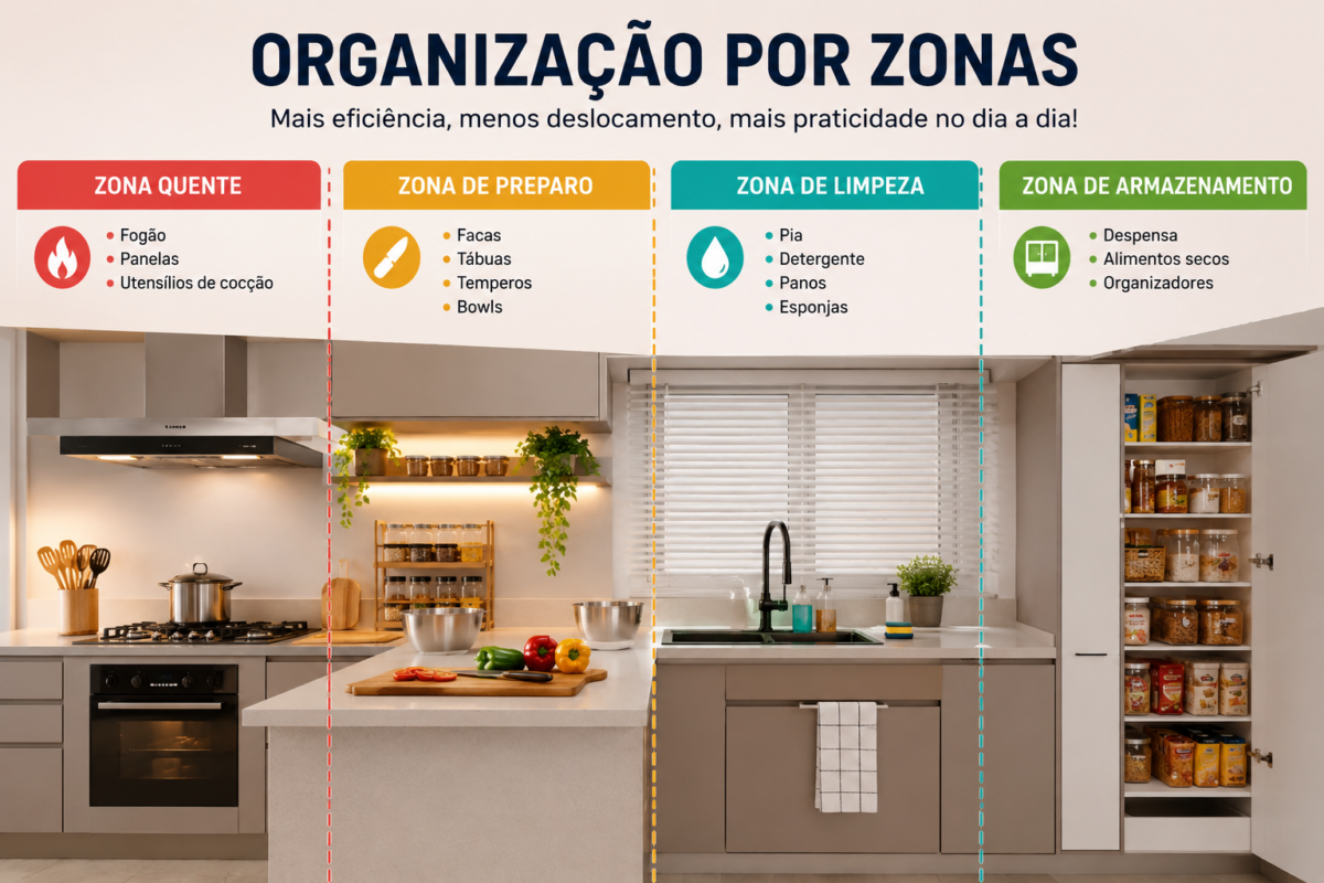 Cozinha moderna organizada por zonas funcionais com área de preparo, limpeza, armazenamento e cocção