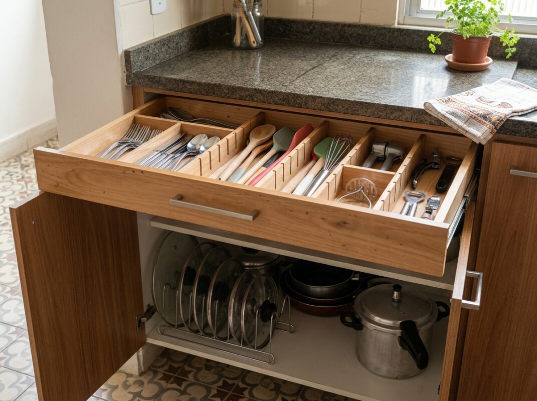 Gaveta com divisórias e suporte vertical de tampas em cozinha funcional