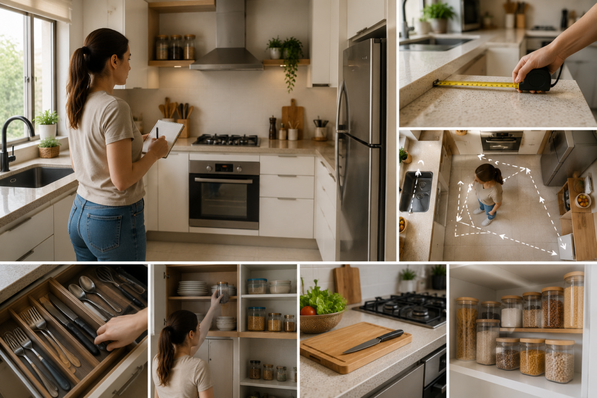 Pessoa analisando o espaço da cozinha funcional observando circulação, bancada, armários e organização do ambiente