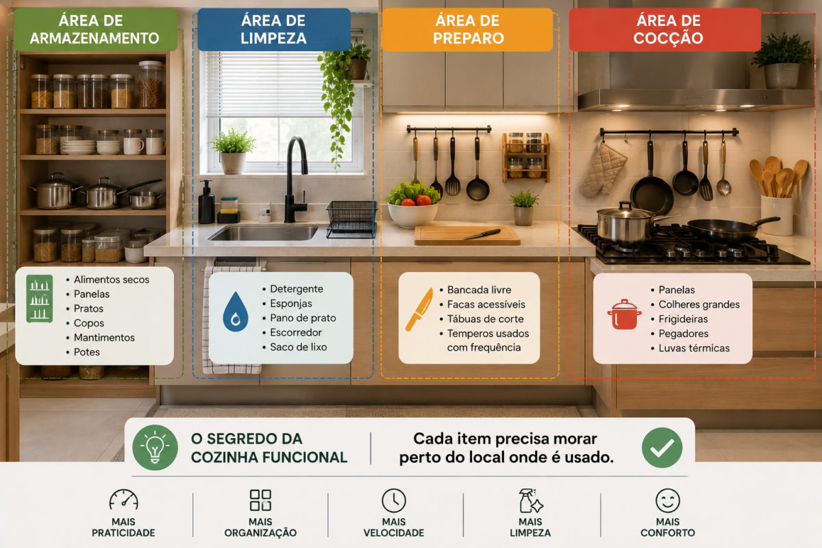 Cozinha funcional organizada por zonas com áreas de armazenamento, limpeza, preparo e cocção