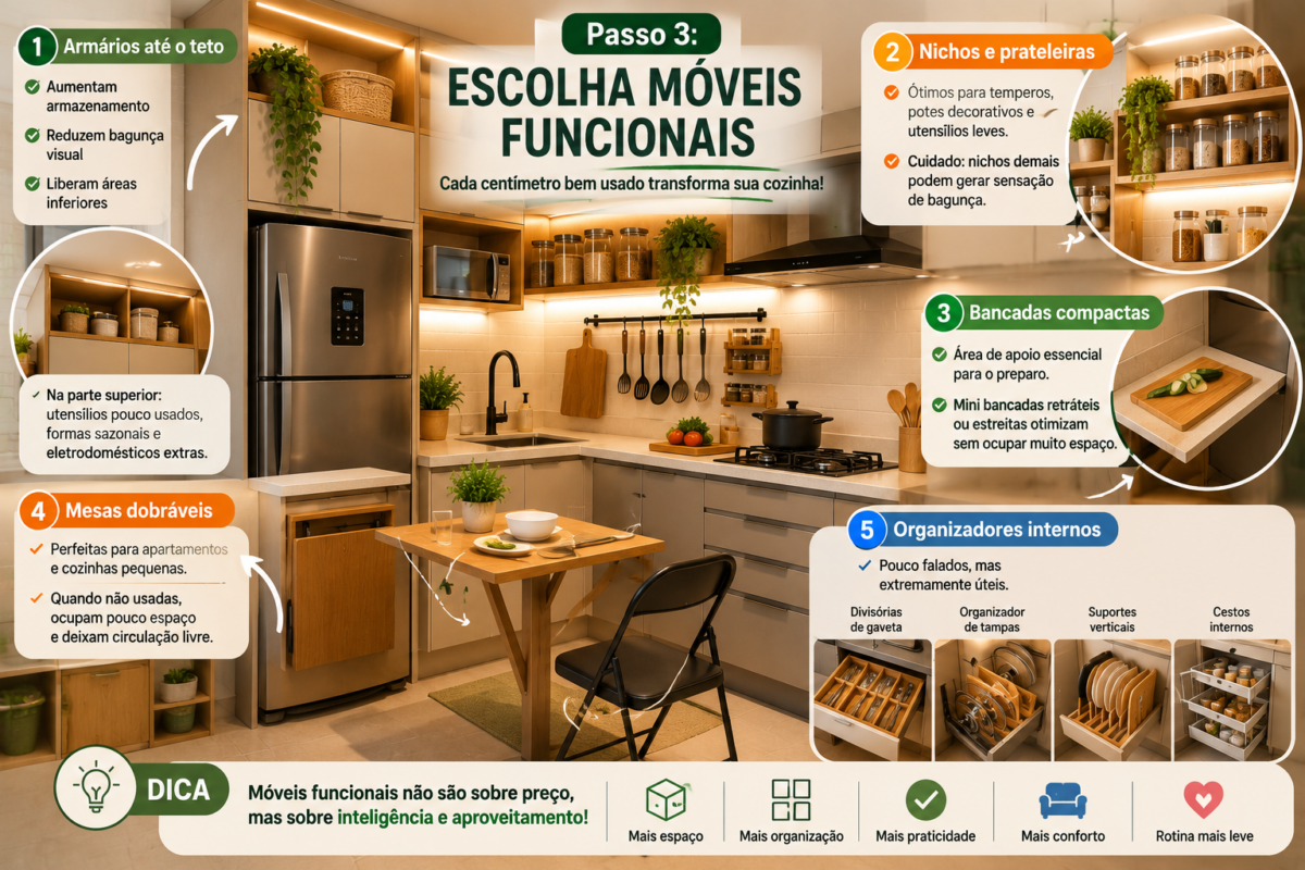 Cozinha funcional com móveis inteligentes, armários até o teto, organizadores internos e bancada compacta