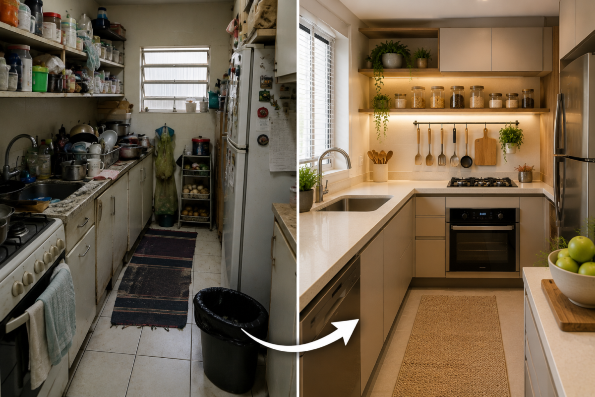 Comparação entre cozinha pequena desorganizada e cozinha funcional organizada com melhor aproveitamento do espaço