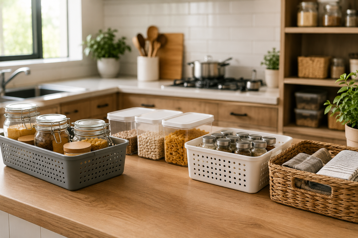 Organização de cozinha com mantimentos organizados, potes transparentes e bancada funcional