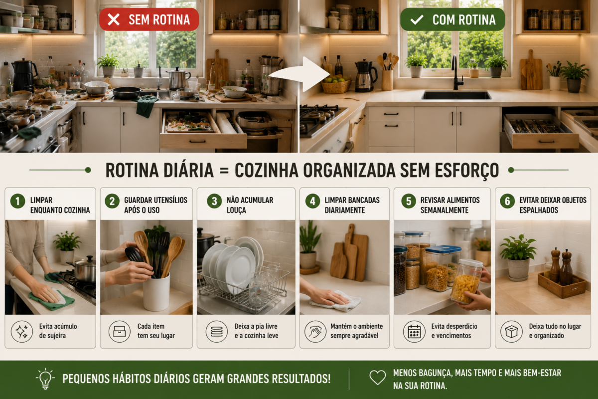 Rotina diária de organização mantendo a cozinha limpa, funcional e organizada