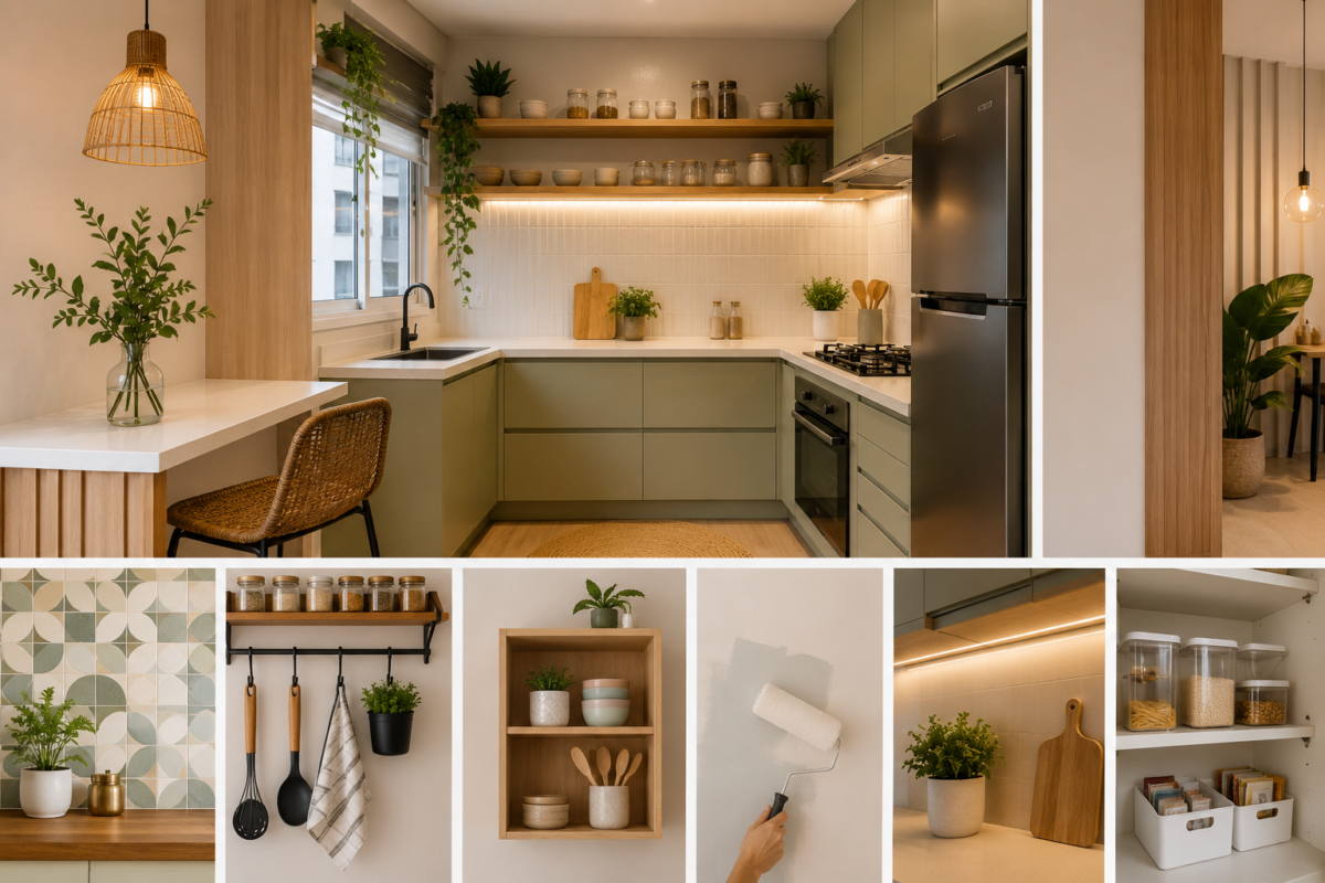 Cozinha pequena moderna com tons terrosos, prateleiras abertas, iluminação aconchegante e decoração econômica