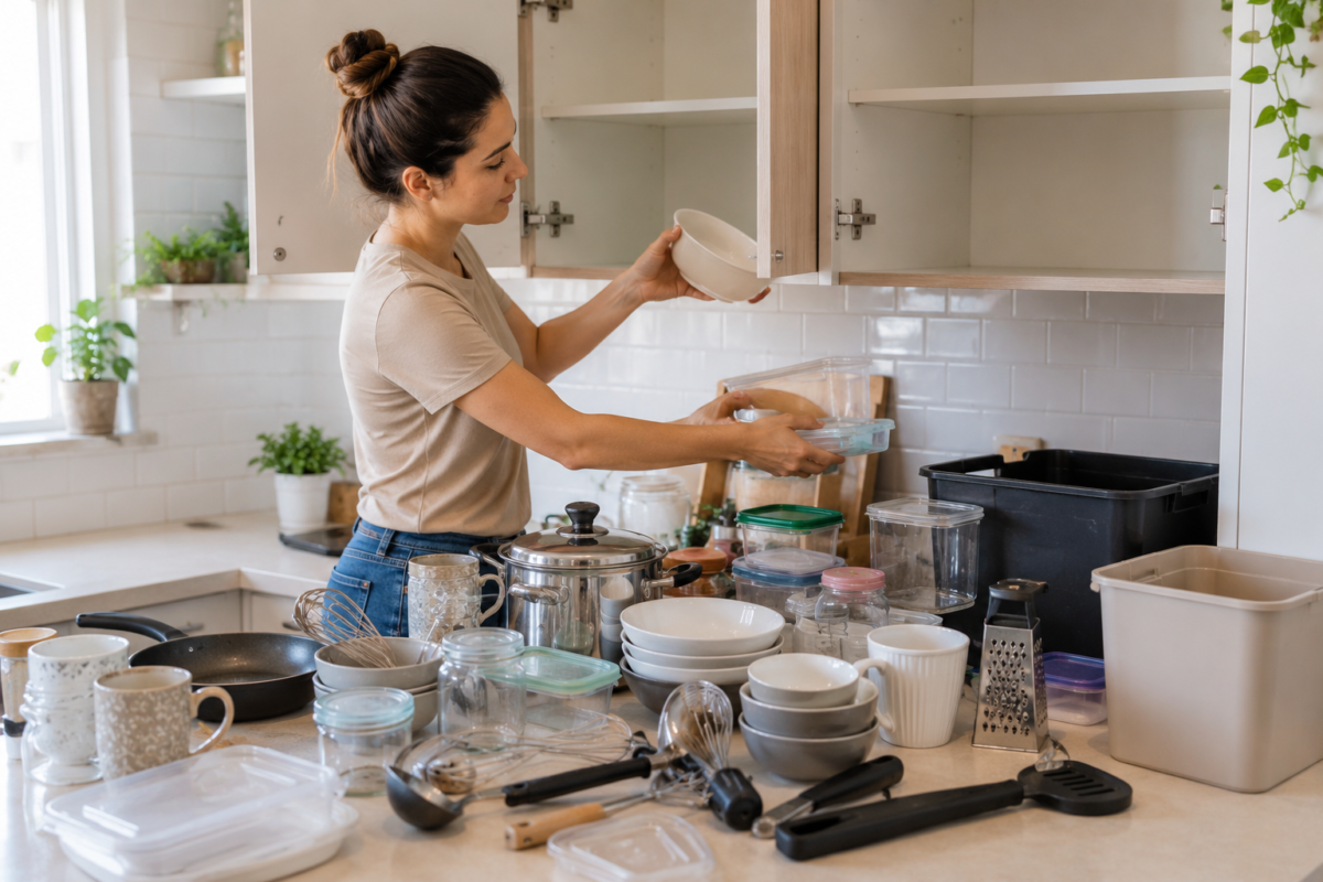 Mulher retirando utensílios e potes dos armários para organizar a cozinha rapidamente em um dia