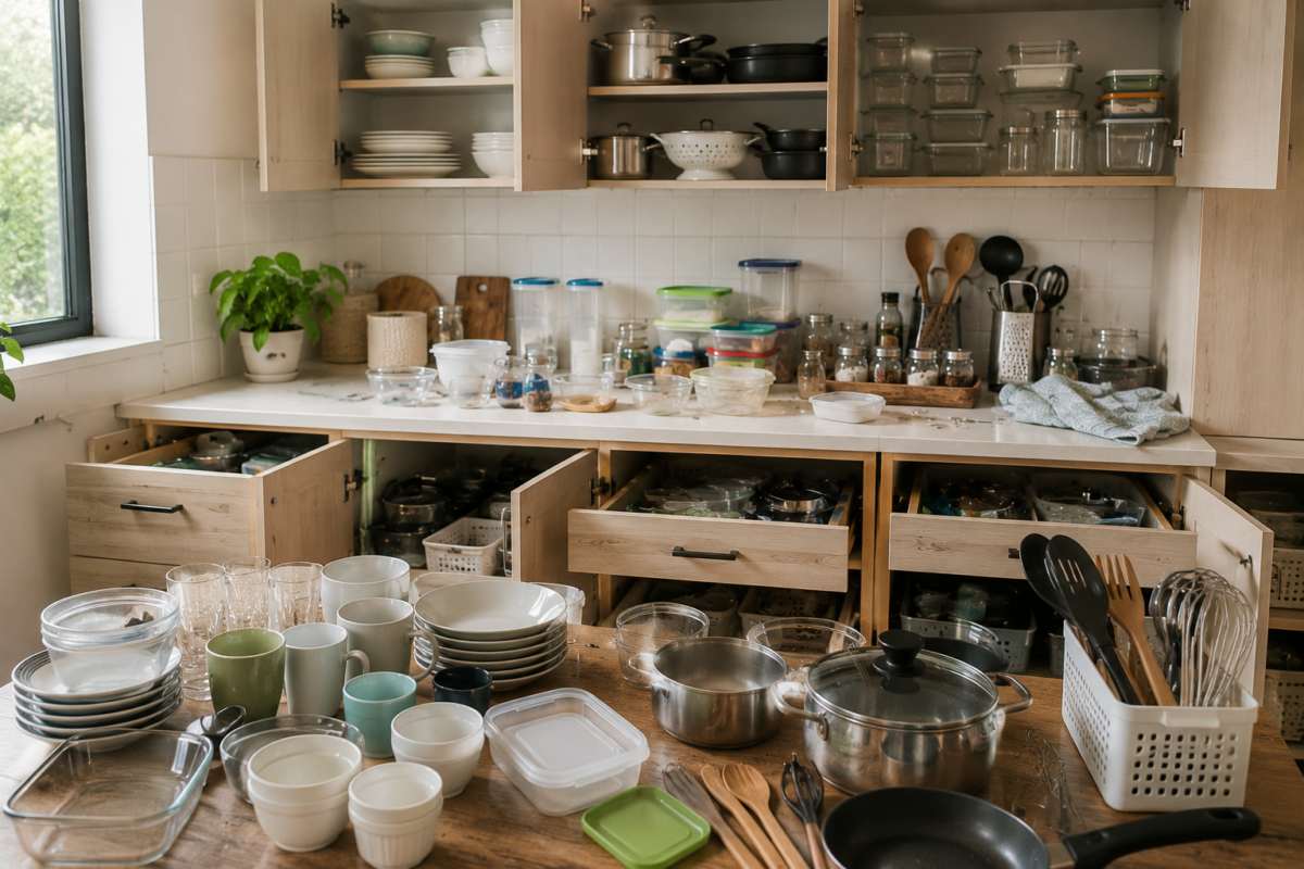 Utensílios e mantimentos retirados dos armários durante a organização de uma cozinha desorganizada