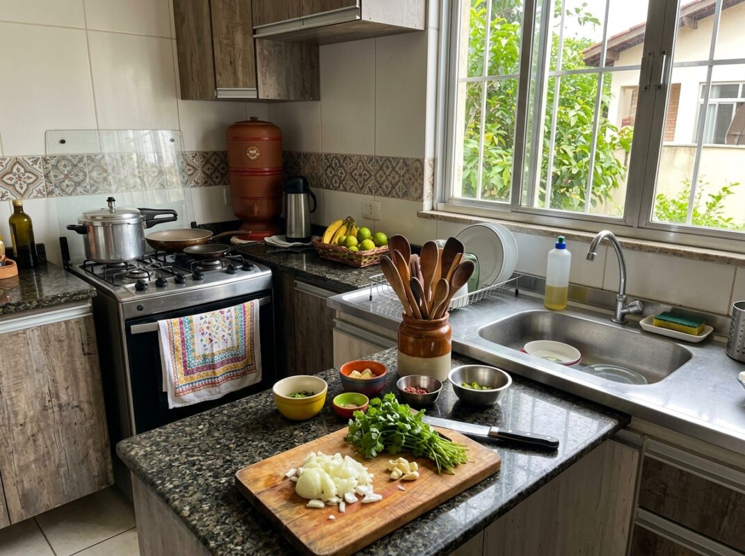 Zonas de preparo e cocção organizadas em uma cozinha funcional
