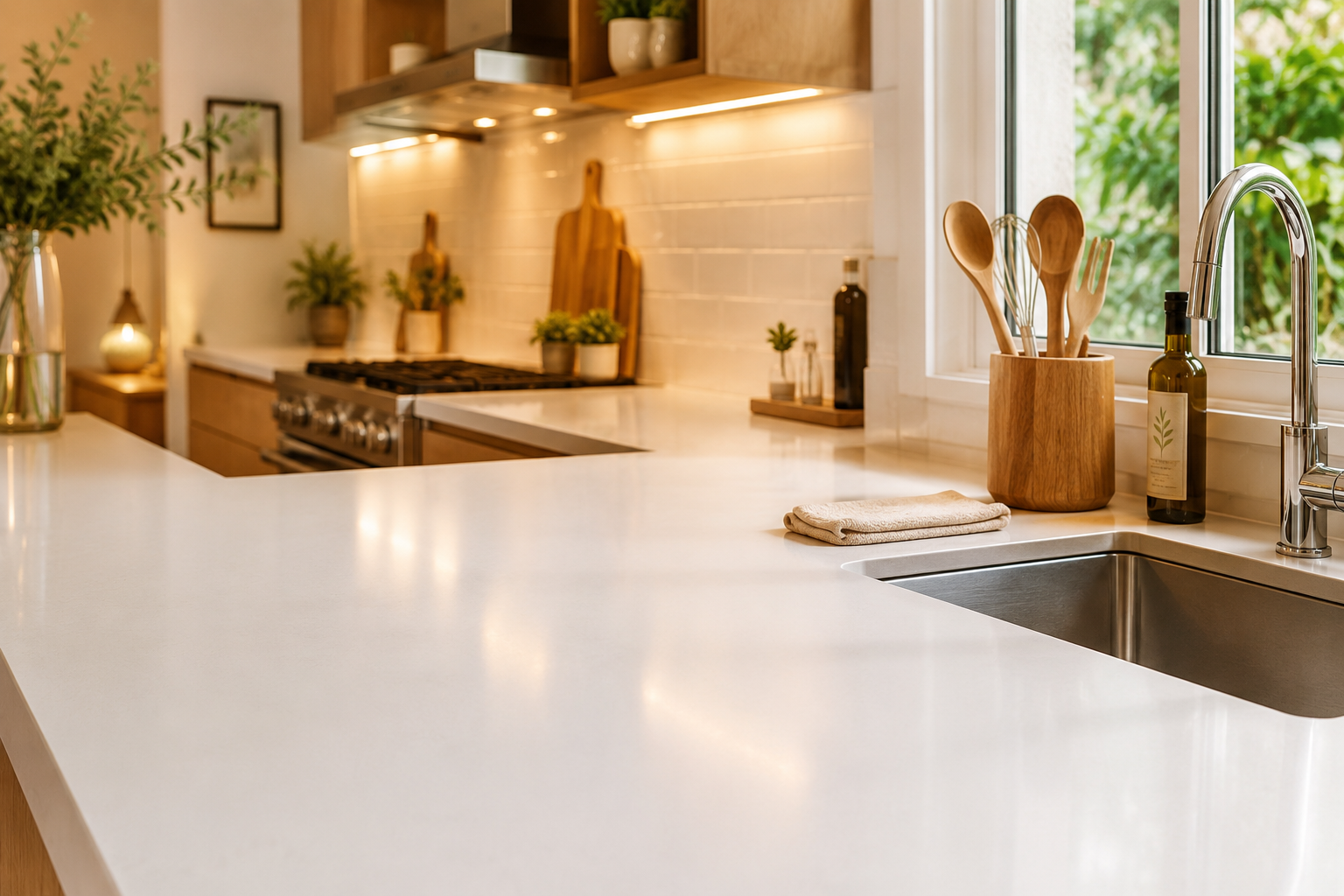 Bancada de cozinha moderna limpa e organizada com luz natural
