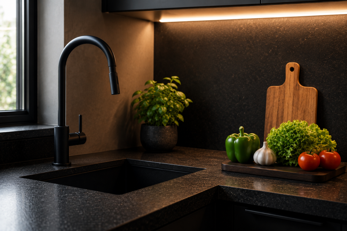Bancada de cozinha preta com torneira matte black, granito escuro e ervas frescas em vaso pequeno