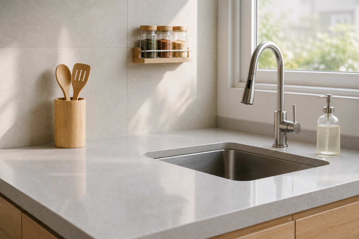 Bancada de cozinha minimalista com apenas três objetos essenciais