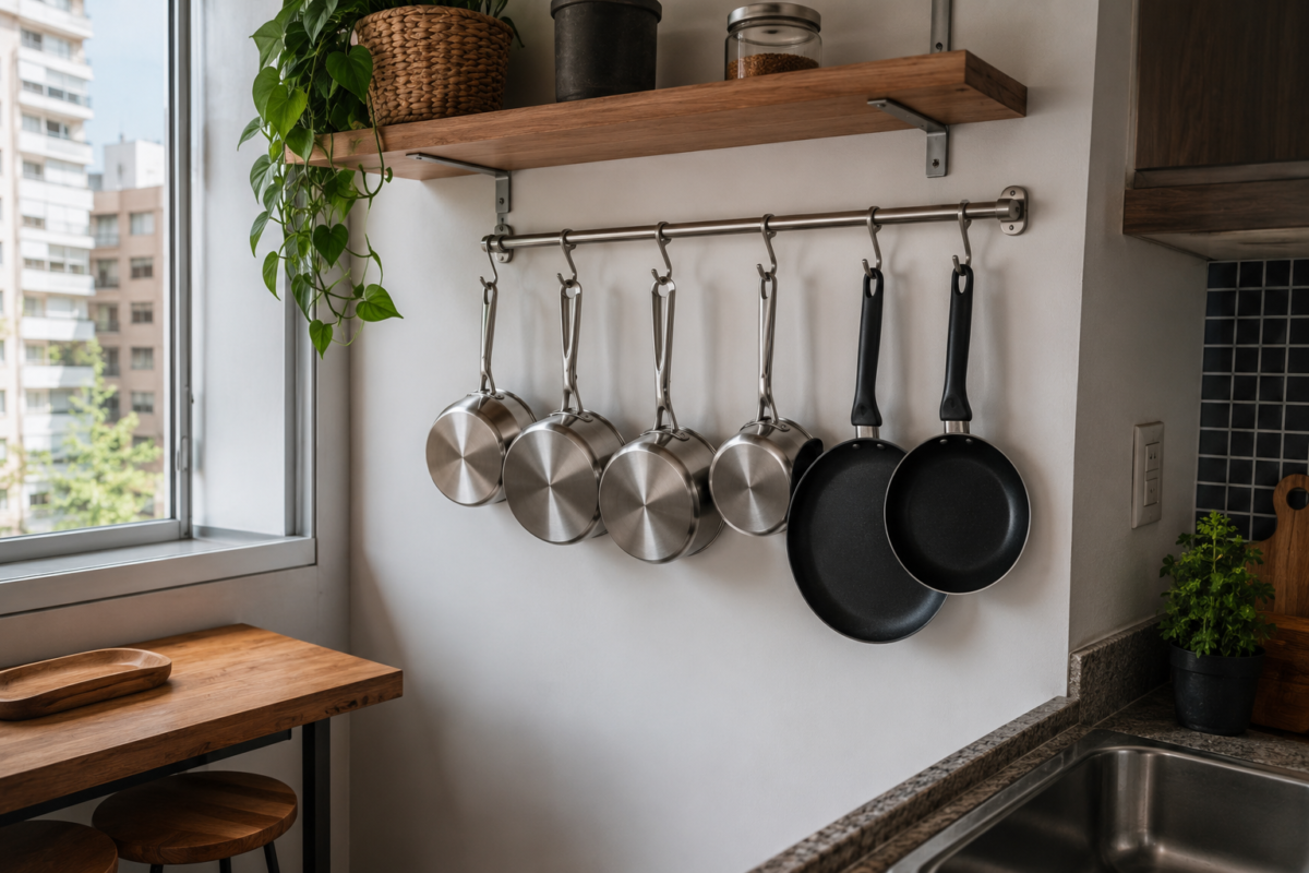 Cabideiro de parede com panelas e frigideiras penduradas em cozinha pequena de apartamento
