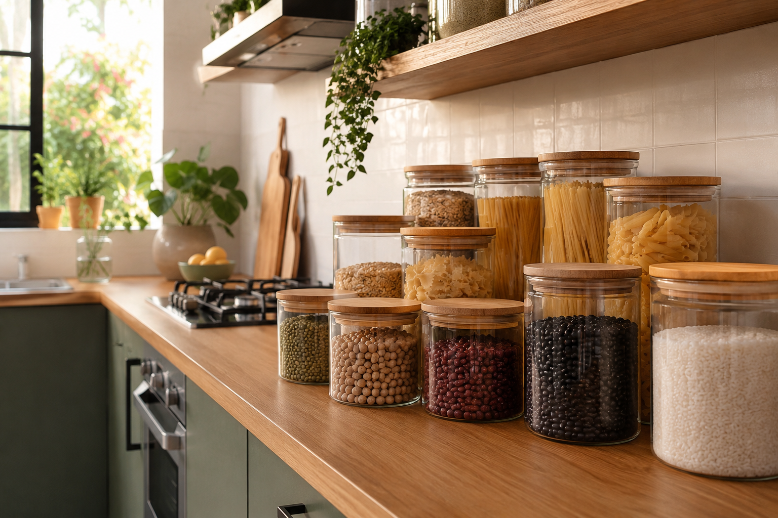 Cozinha organizada com potes de vidro para armazenar alimentos Cozinha organizada com potes de vidro para armazenar alimentos