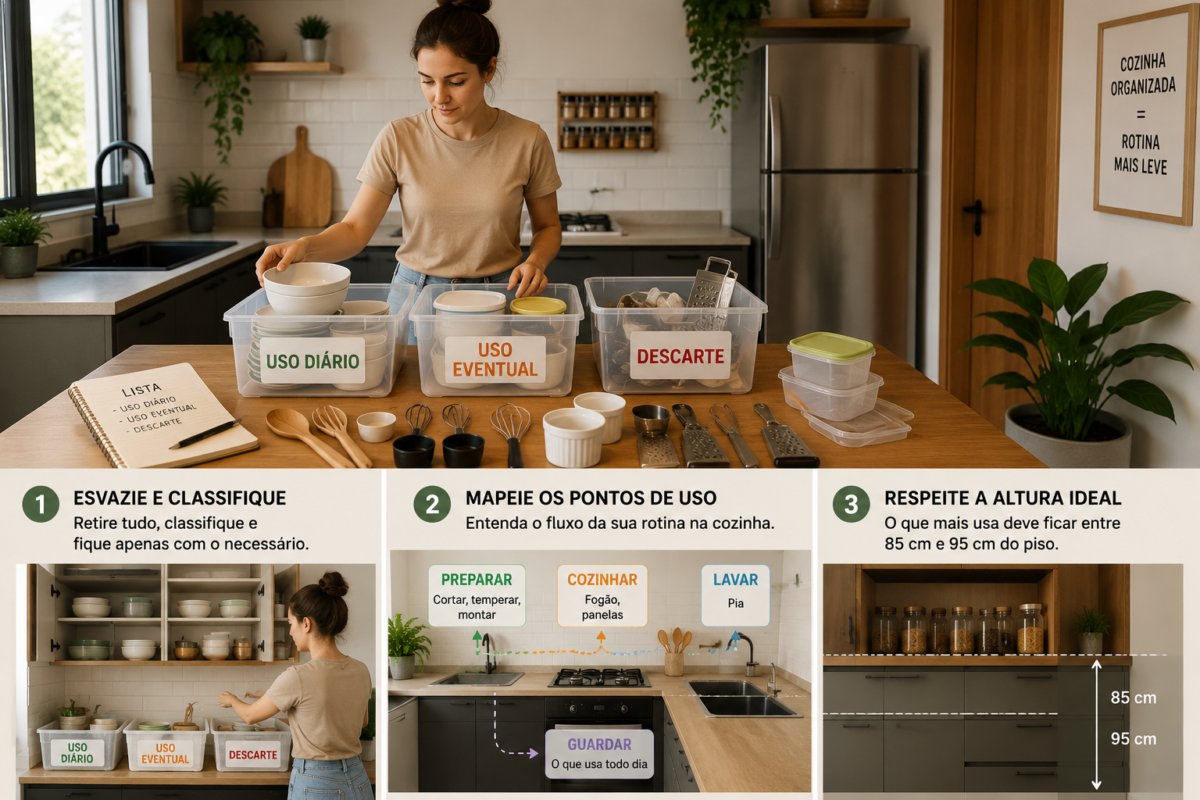 Pessoa organizando uma cozinha pequena e separando utensílios em categorias de uso diário, uso eventual e descarte para otimizar o espaço.