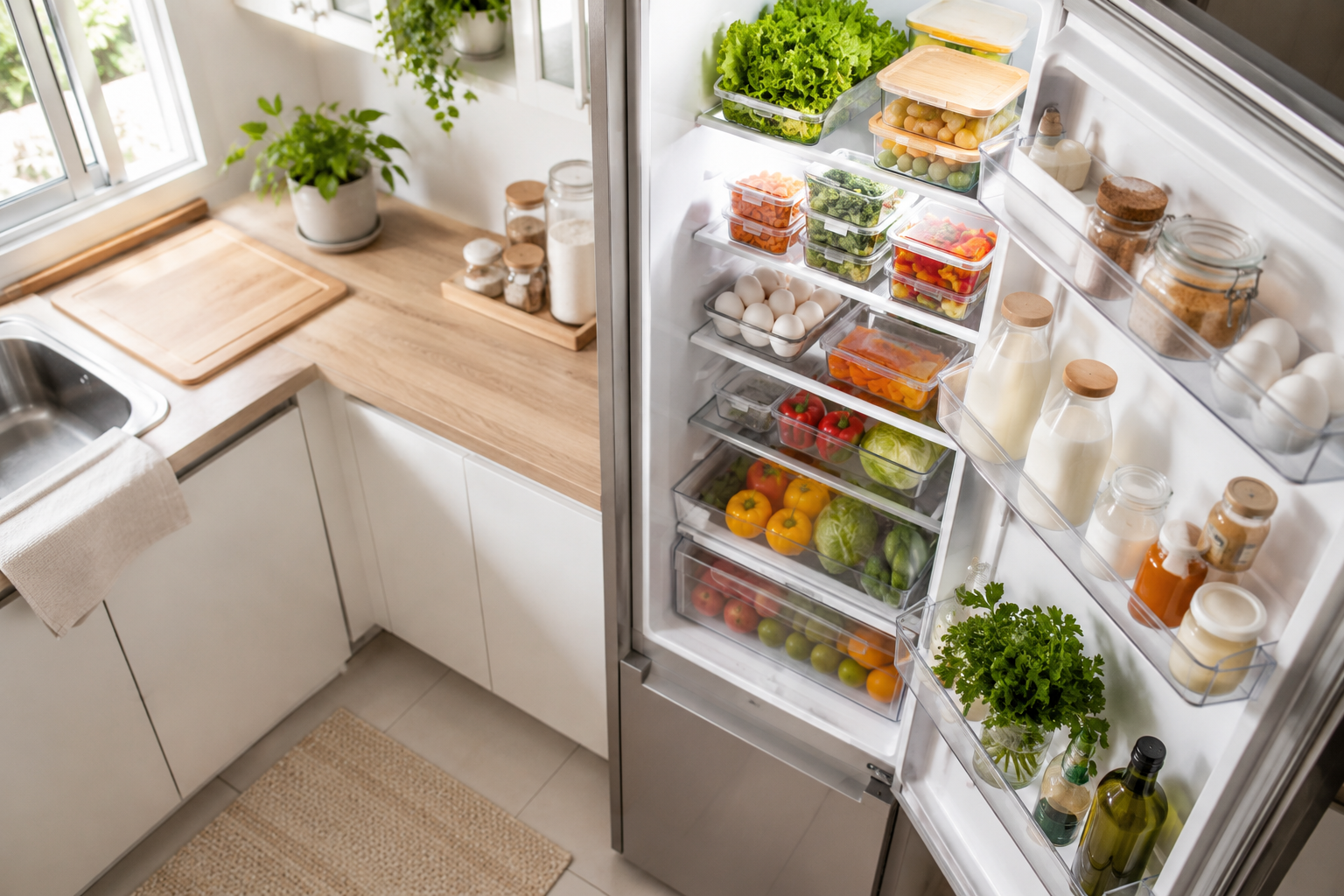 Geladeira aberta com prateleiras organizadas e limpas com frutas, legumes e potes transparentes