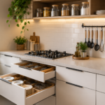 Cozinha moderna limpa e organizada com gavetas e armários bem distribuídos para manter tudo em ordem no dia a dia.