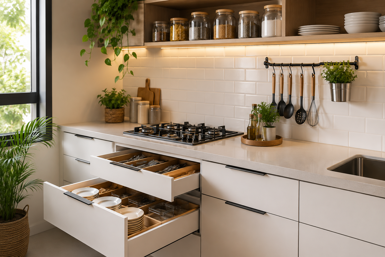 Cozinha moderna limpa e organizada com gavetas e armários bem distribuídos para manter tudo em ordem no dia a dia.