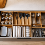 Gaveta de cozinha organizada com divisórias para talheres, utensílios, potes e panos