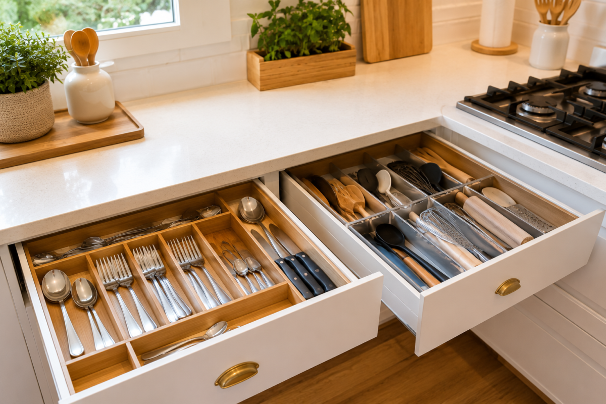 Gavetas de cozinha organizadas com porta-talheres de bambu e divisórias expansíveis, Como Organizar Gavetas de Cozinha