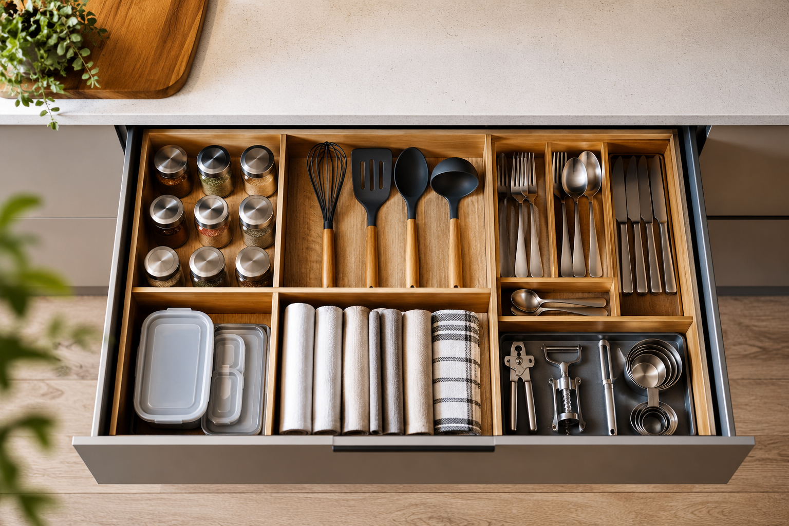 Gaveta de cozinha organizada com divisórias para talheres, utensílios, potes e panos