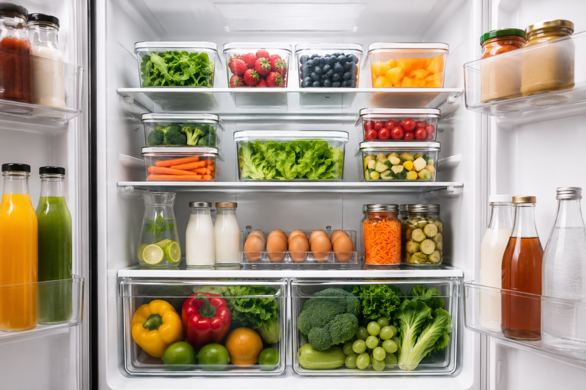 Geladeira organizada com alimentos separados em recipientes transparentes e frutas, verduras e bebidas distribuídas por categorias.
