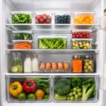 Geladeira organizada com alimentos separados em recipientes transparentes e frutas, verduras e bebidas distribuídas por categorias.