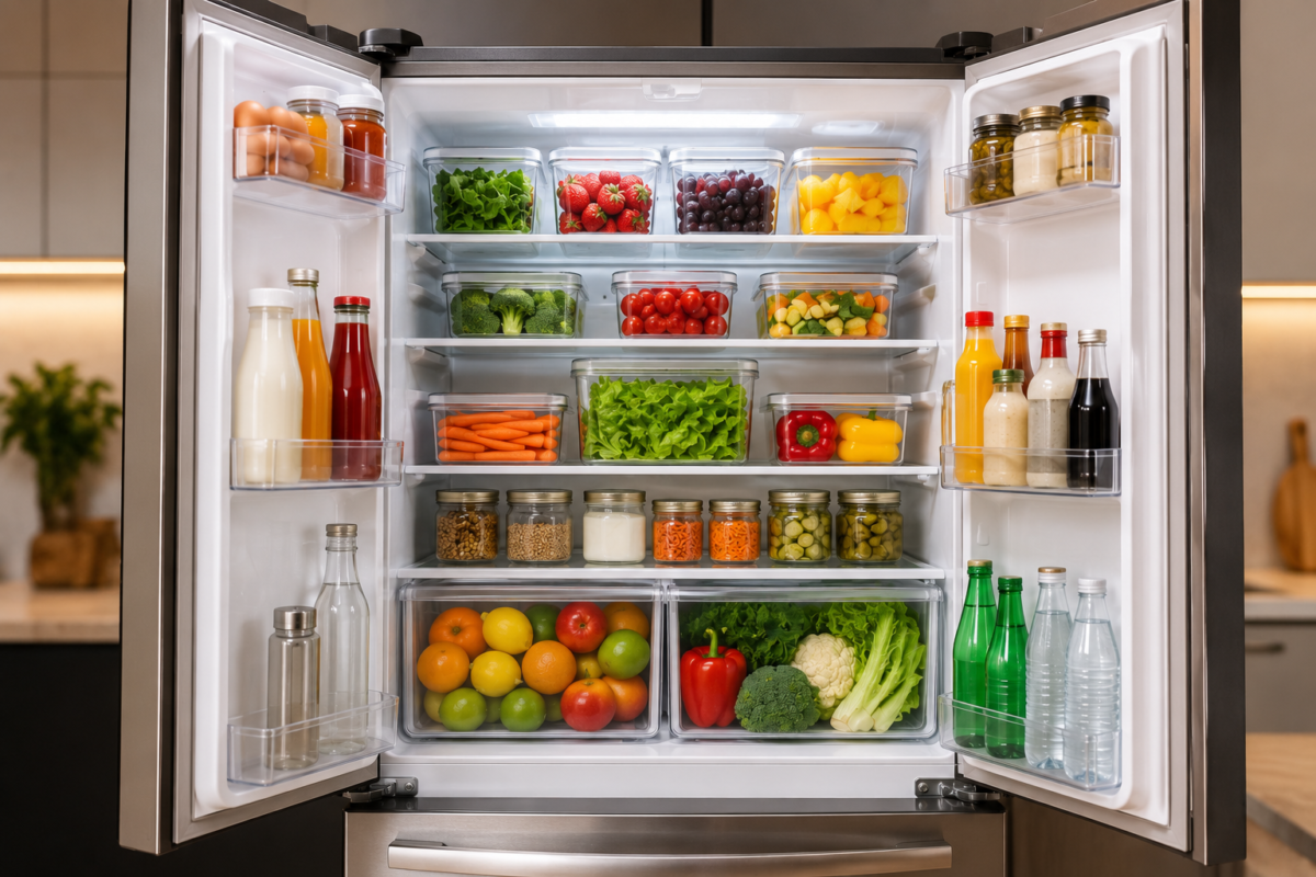 Geladeira aberta organizada por zonas com frutas, verduras, bebidas e recipientes transparentes distribuídos nas prateleiras e gavetas.