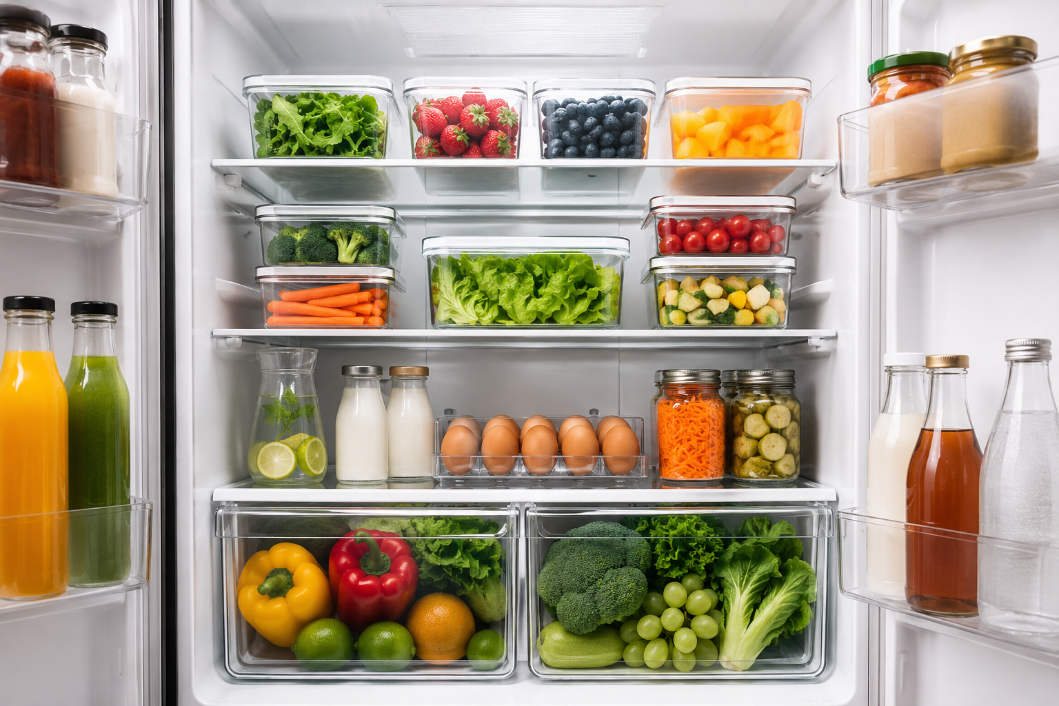 Geladeira organizada com alimentos separados em recipientes transparentes e frutas, verduras e bebidas distribuídas por categorias.