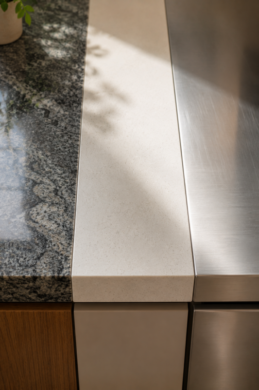 Comparação de materiais para bancada de cozinha: granito, quartzo e inox lado a lado