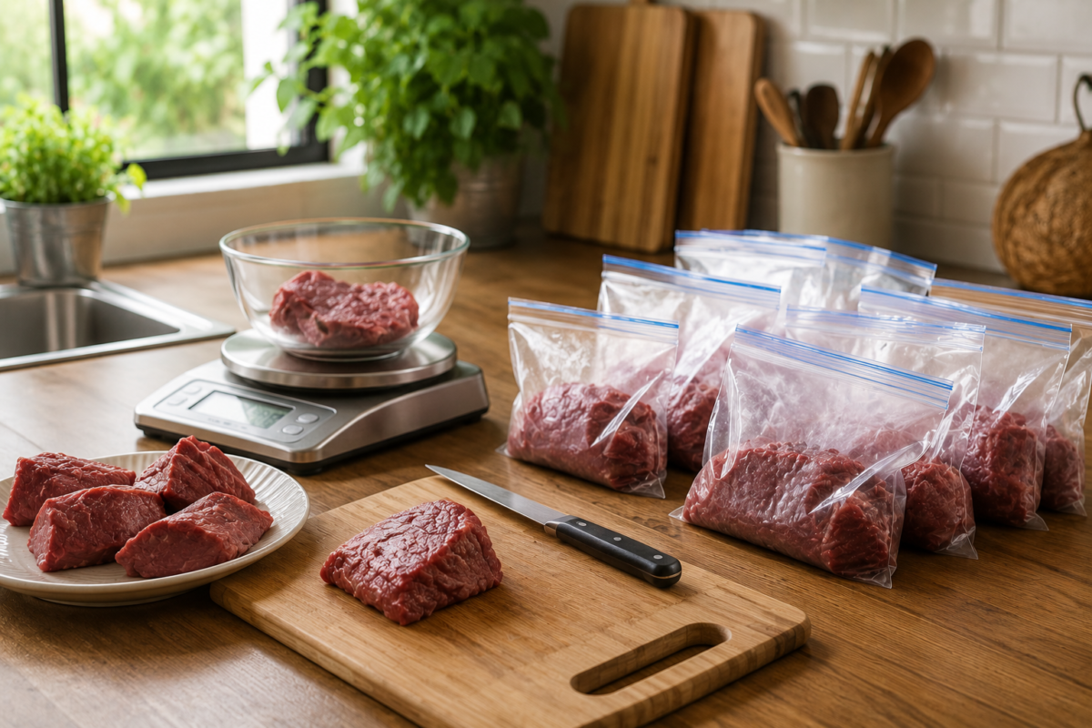 Porções de carne sendo preparadas para congelamento em sacos próprios