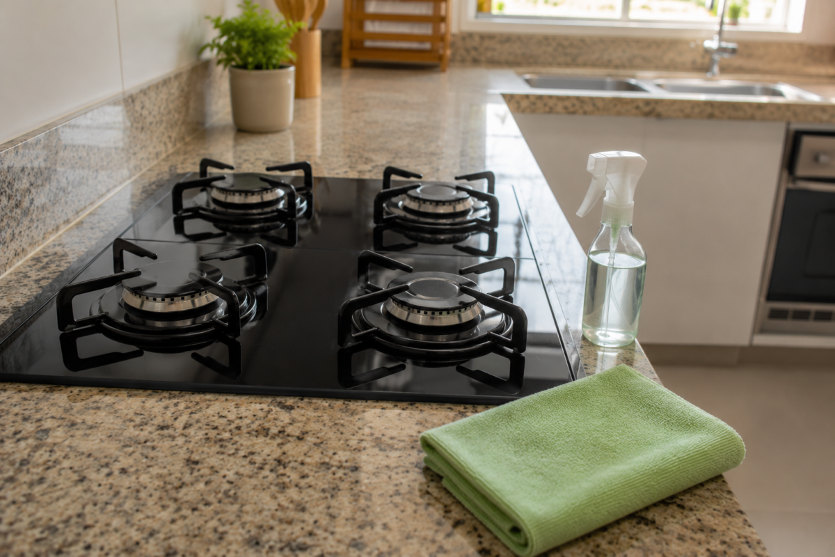 Cooktop de vidro limpo e brilhando com pano de microfibra e frasco de vinagre sobre a bancada