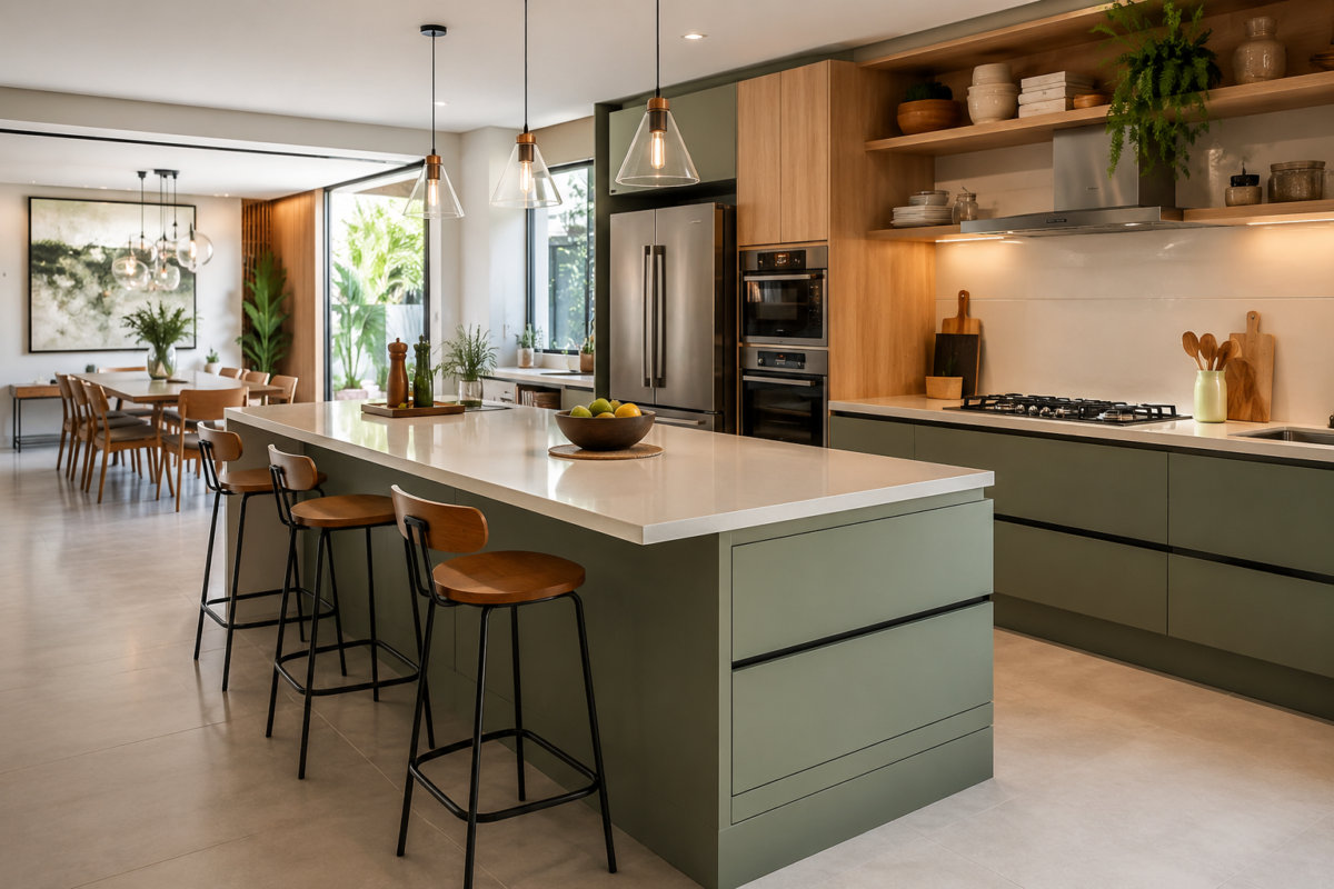 Cozinha moderna com ilha central em quartzo branco e armários verde-sálvia