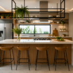 Cozinha moderna com ilha central, bancada clara, painel ripado de madeira, banquetas e armários planejados