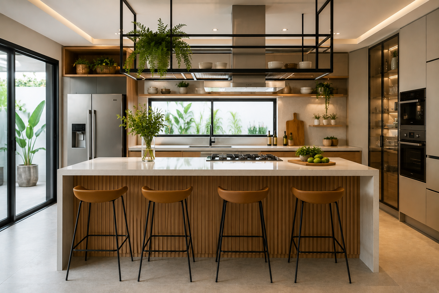Cozinha moderna com ilha central, bancada clara, painel ripado de madeira, banquetas e armários planejados