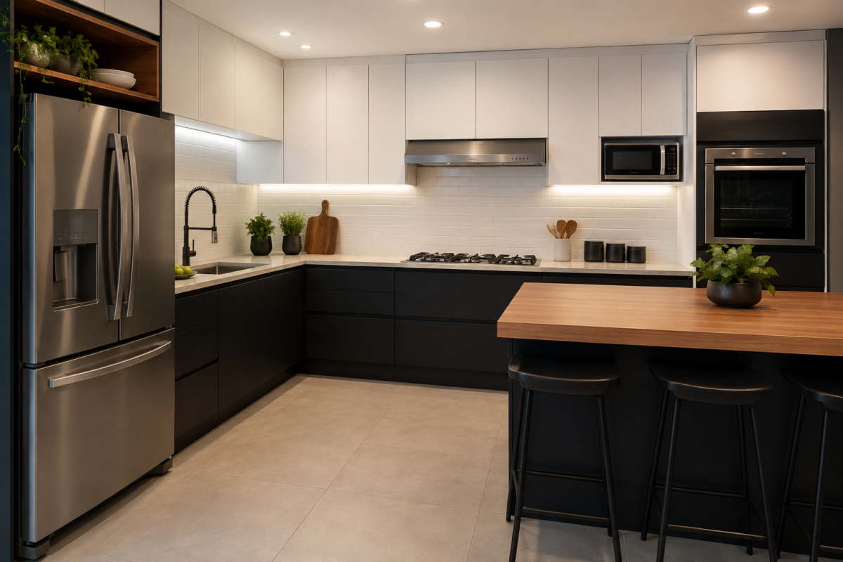 Cozinha com armários inferiores pretos, azulejo branco e eletrodomésticos em inox