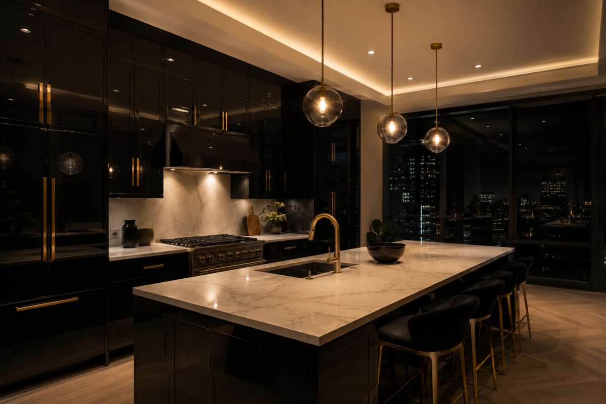 Ilha de cozinha preta com pendentes decorativos e bancada de mármore claro