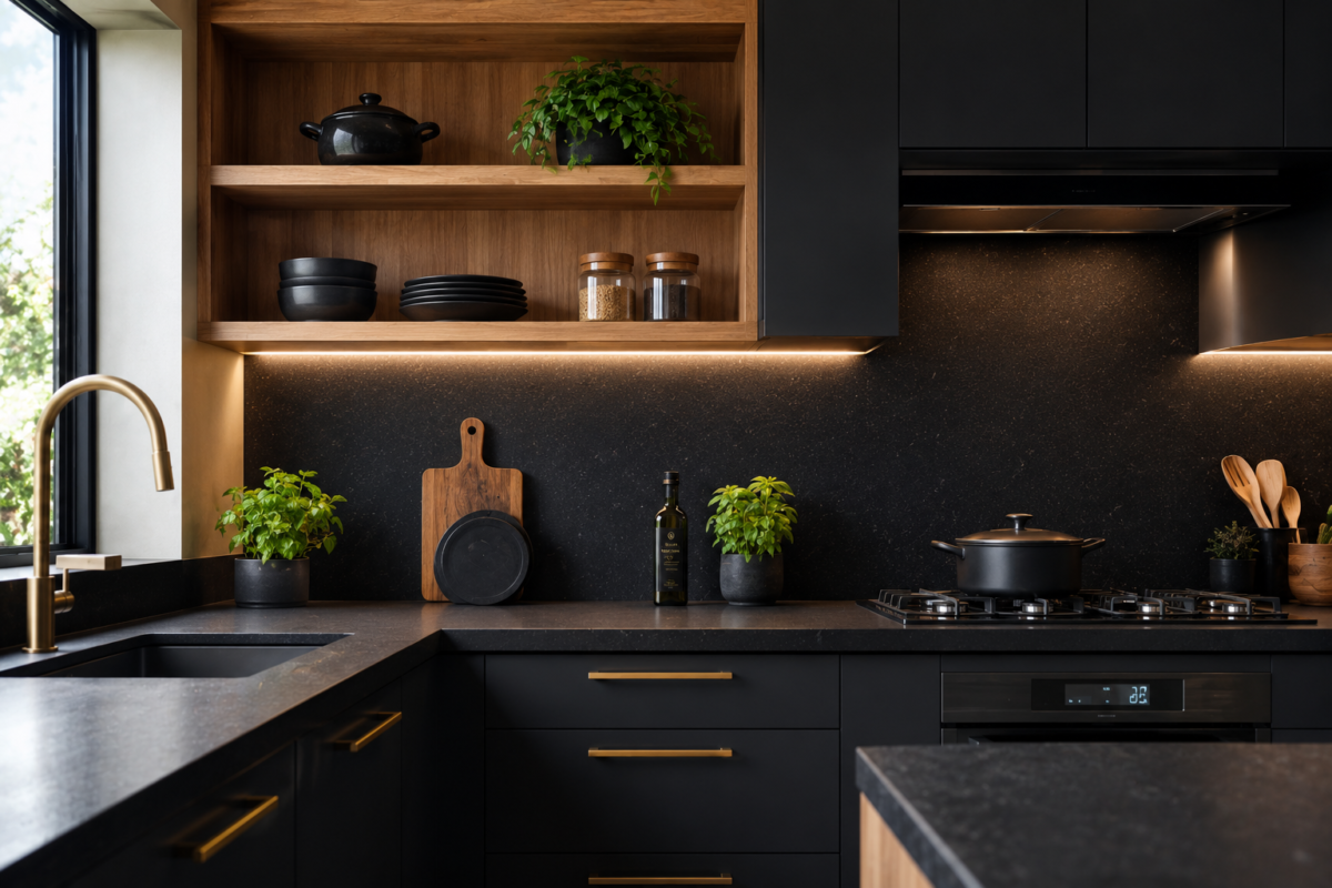 Cozinha preta moderna com armários foscos, bancada de granito preto e detalhes em madeira e metal dourado