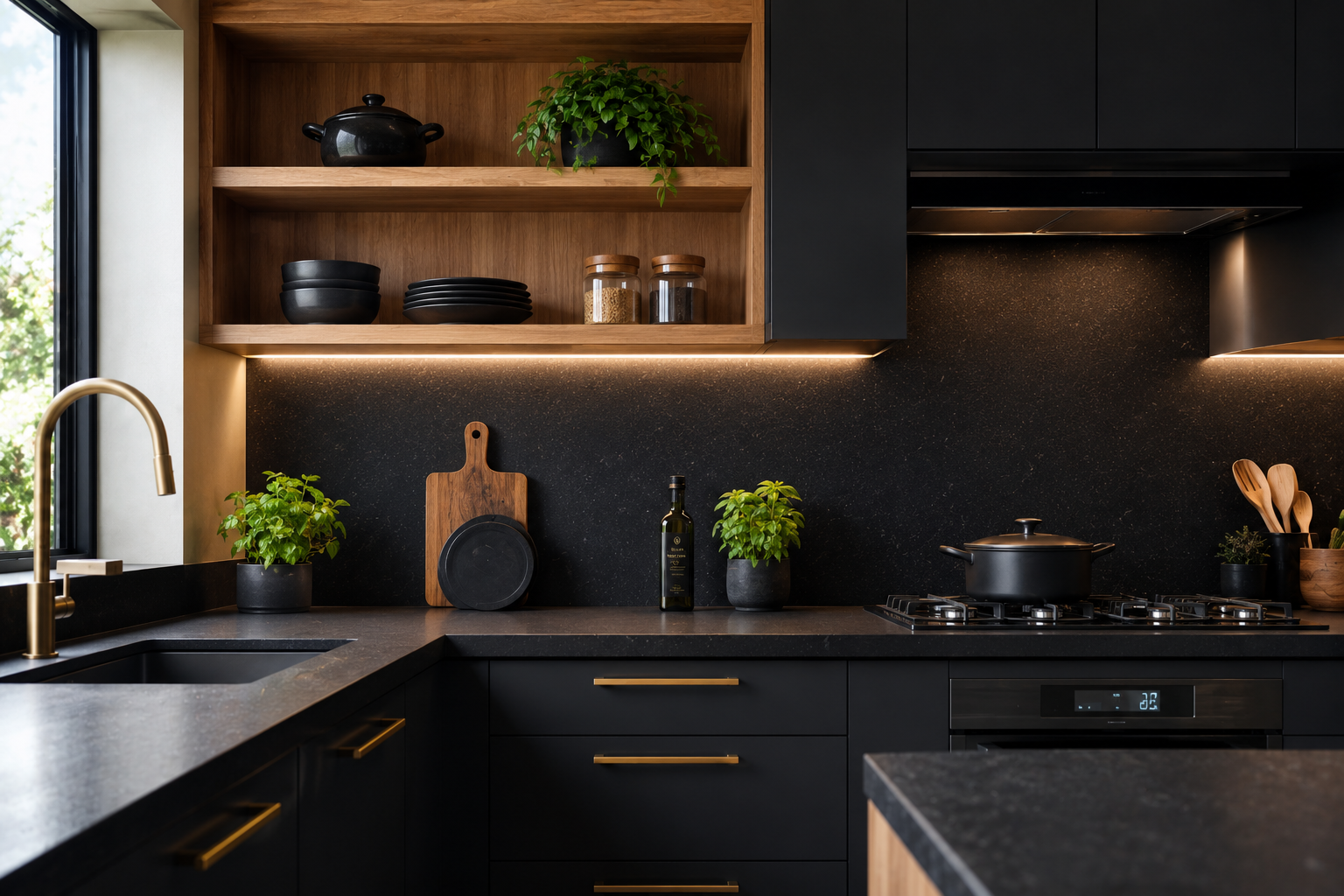 Cozinha preta moderna com armários foscos, bancada de granito preto e detalhes em madeira e metal dourado