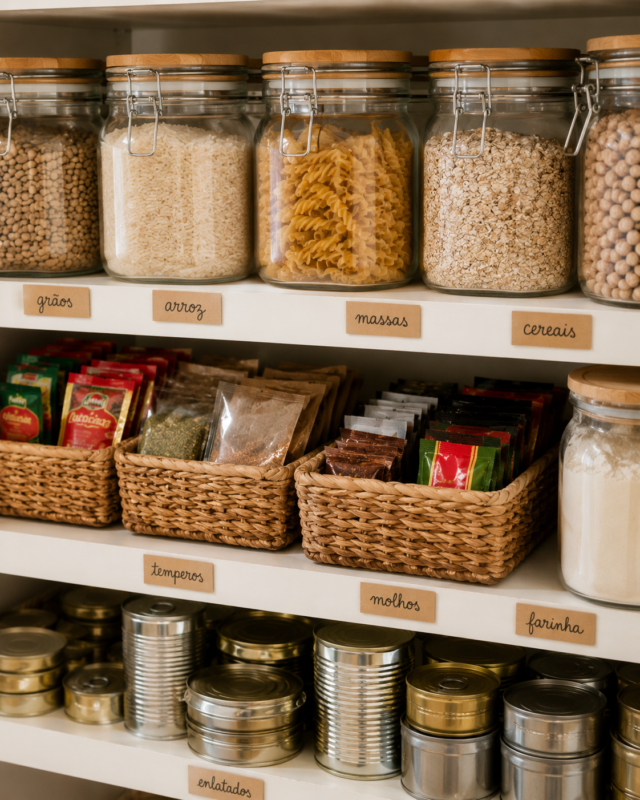 Prateleiras de despensa divididas em zonas por categoria de alimento