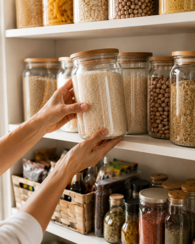 Pessoa recolocando pote de arroz na despensa seguindo o método PVPS