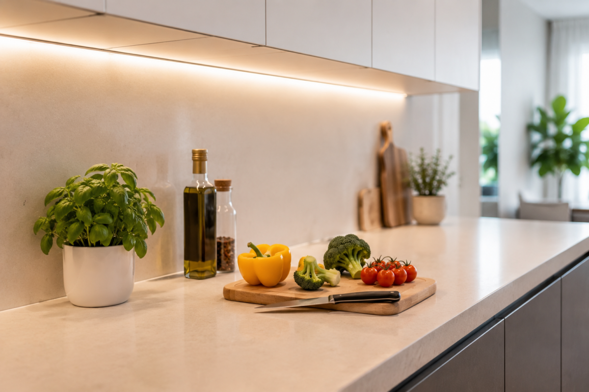 Fita de LED instalada sob armário superior iluminando a bancada de preparo da cozinha sem sombras

