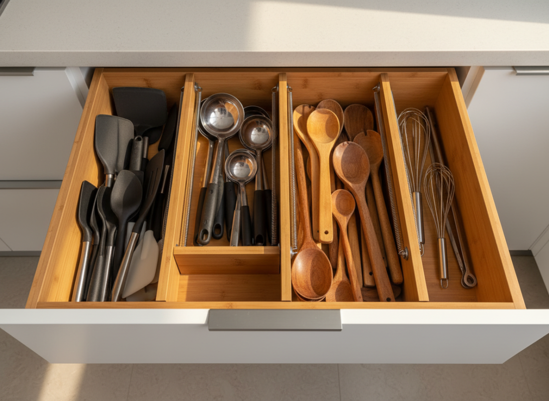  Gaveta de utensílios de cozinha organizada com divisórias expansíveis separando espátulas, conchas e colheres