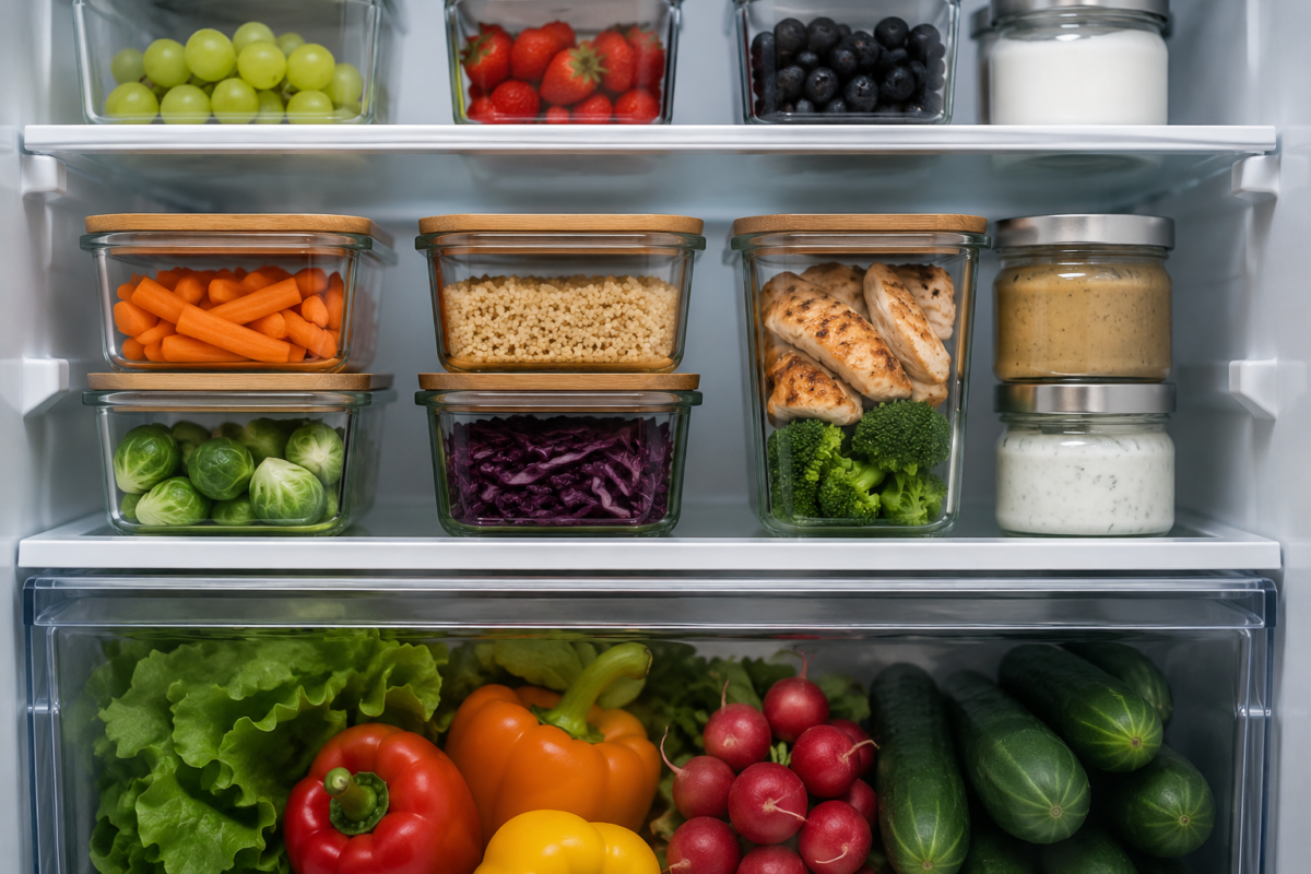 Geladeira organizada com potes etiquetados e vegetais frescos, Armazenar Alimentos Corretamente