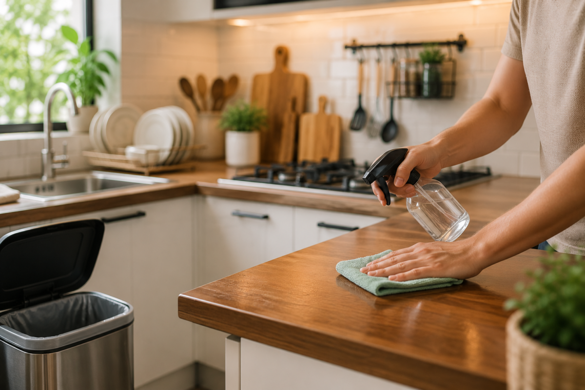 Pessoa limpando a bancada da cozinha enquanto mantém a pia organizada e o lixo fechado, representando hábitos diários de organização.