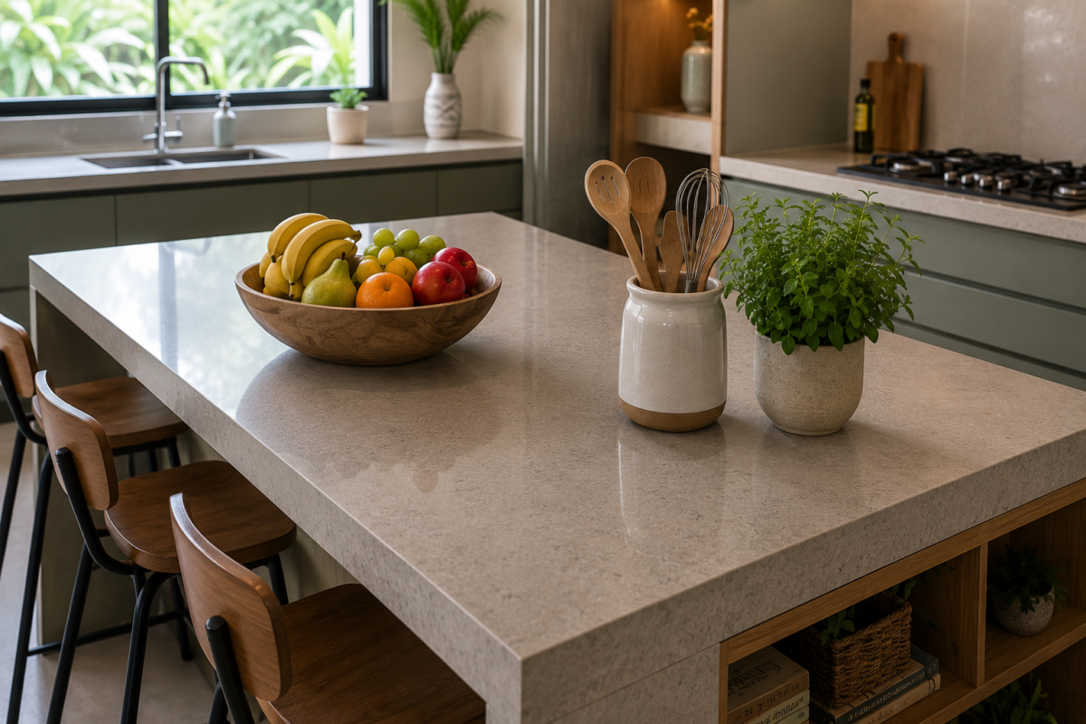 Bancada de ilha de cozinha organizada com cesto de frutas e utensílios
