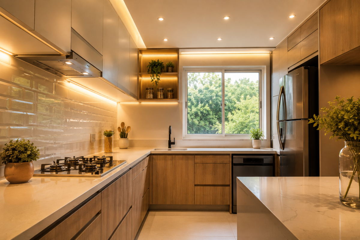 Cozinha moderna com iluminação LED, spots embutidos e luz natural