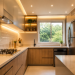 Cozinha moderna com iluminação LED, spots embutidos e luz natural