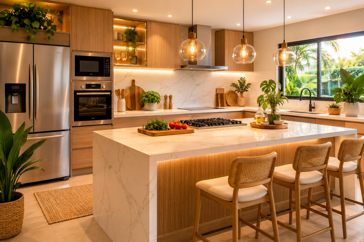 Cozinha moderna com iluminação planejada em camadas, incluindo spots no teto, fita de LED sob armários e pendentes sobre ilha central, Iluminação de Cozinha