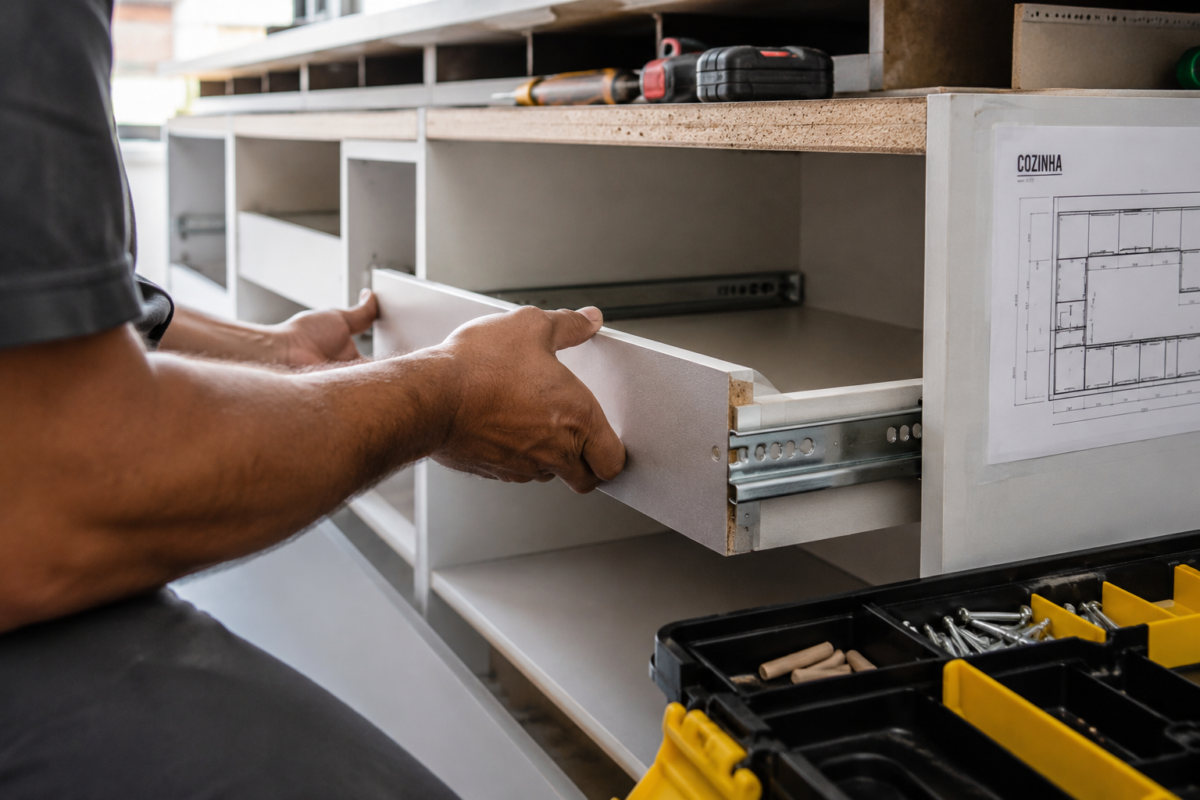 Instalação de armários de cozinha planejada mostrando ferragens e material MDF