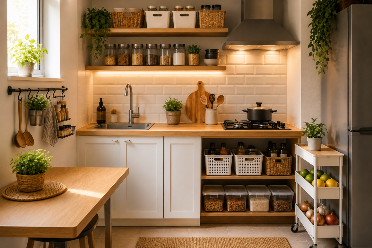 Cozinha pequena organizada e funcional com espaço otimizado, Organização de Cozinha Pequena e Simples